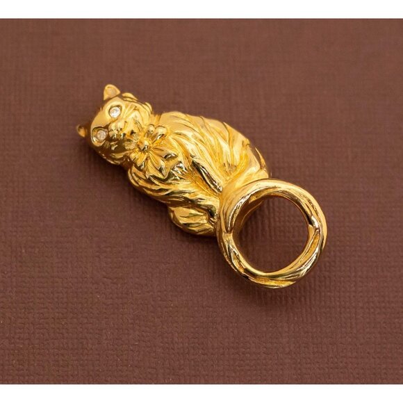 Vintage Fancy Cat Gold Tone Art Nouveau Brooch - U19 - Picture 1 of 2